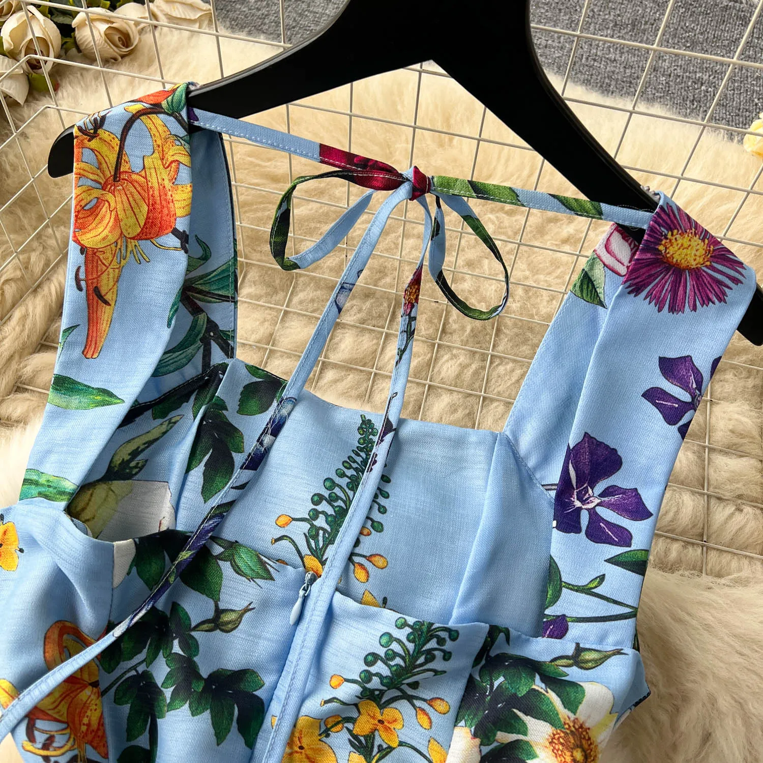 Vintage Elegant Pleated Square Collar sleeveless Print Dress A-line Fashion Spring summer Vestidos Women Bandage Dresses