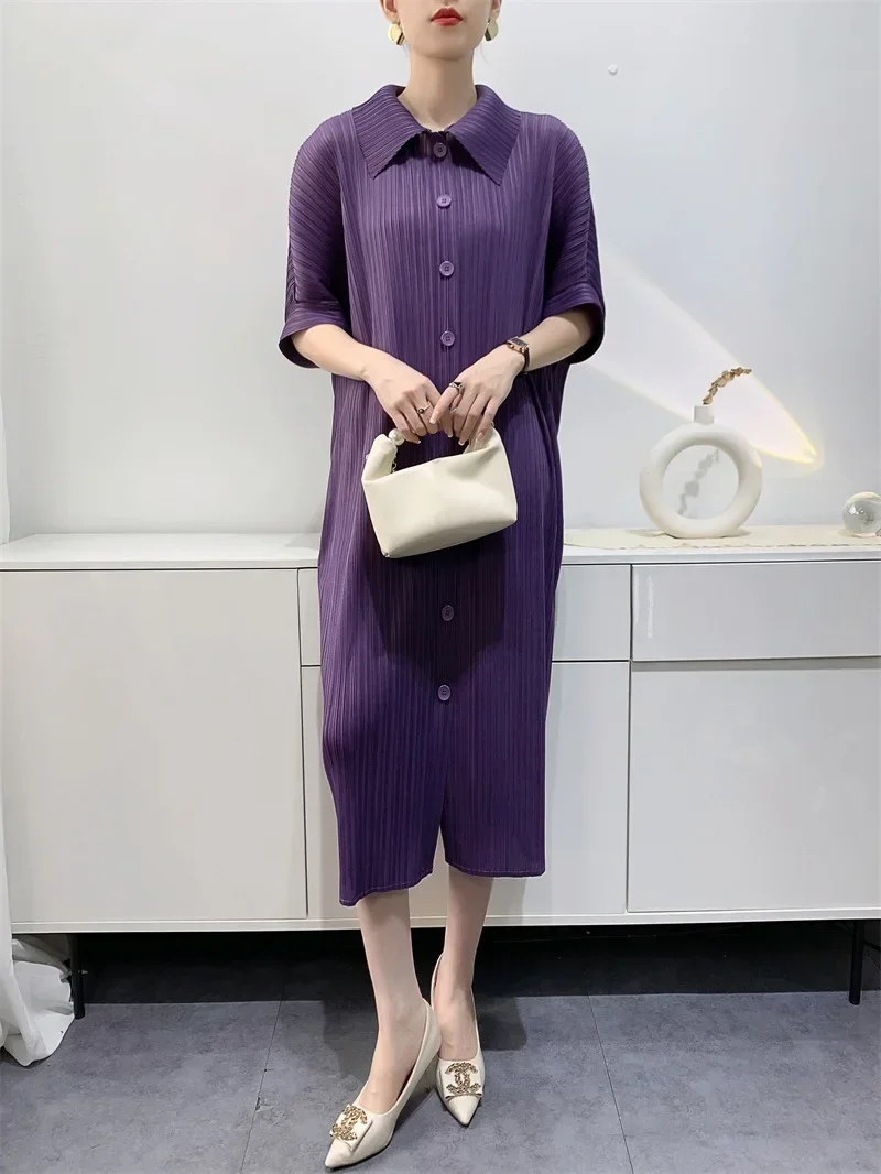 YUDX Miyake Pleated Dress Women's Loose Plus Size Single Breasted Mid Length Bat Sleeve Summer Solid Color Casual Maix Dress