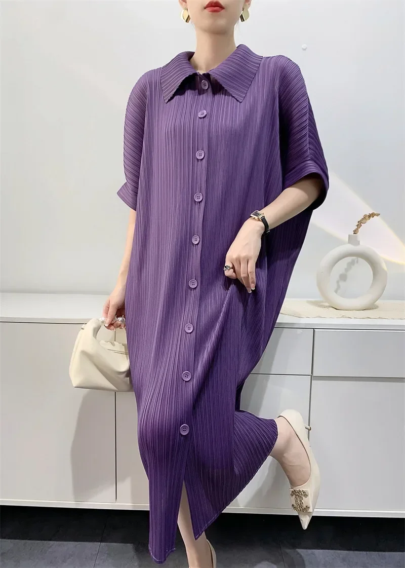 YUDX Miyake Pleated Dress Women's Loose Plus Size Single Breasted Mid Length Bat Sleeve Summer Solid Color Casual Maix Dress