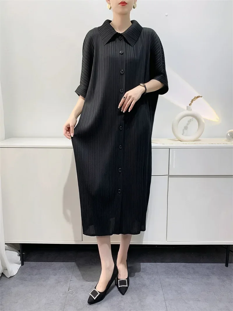 YUDX Miyake Pleated Dress Women's Loose Plus Size Single Breasted Mid Length Bat Sleeve Summer Solid Color Casual Maix Dress