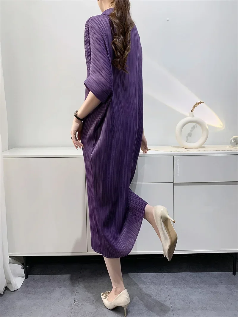 YUDX Miyake Pleated Dress Women's Loose Plus Size Single Breasted Mid Length Bat Sleeve Summer Solid Color Casual Maix Dress