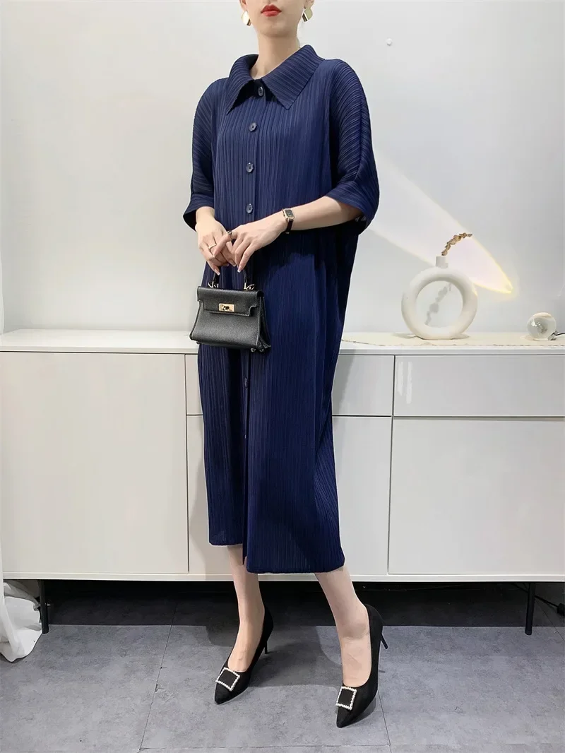 YUDX Miyake Pleated Dress Women's Loose Plus Size Single Breasted Mid Length Bat Sleeve Summer Solid Color Casual Maix Dress