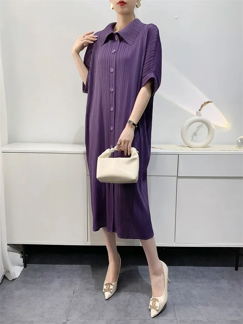 YUDX Miyake Pleated Dress Women's Loose Plus Size Single Breasted Mid Length Bat Sleeve Summer Solid Color Casual Maix Dress