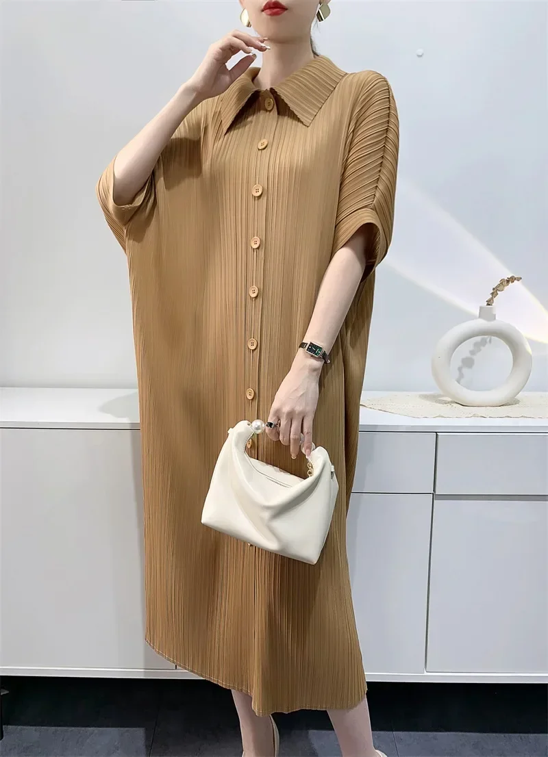 YUDX Miyake Pleated Dress Women's Loose Plus Size Single Breasted Mid Length Bat Sleeve Summer Solid Color Casual Maix Dress