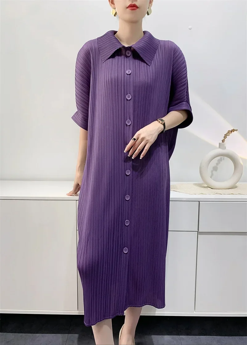 YUDX Miyake Pleated Dress Women's Loose Plus Size Single Breasted Mid Length Bat Sleeve Summer Solid Color Casual Maix Dress