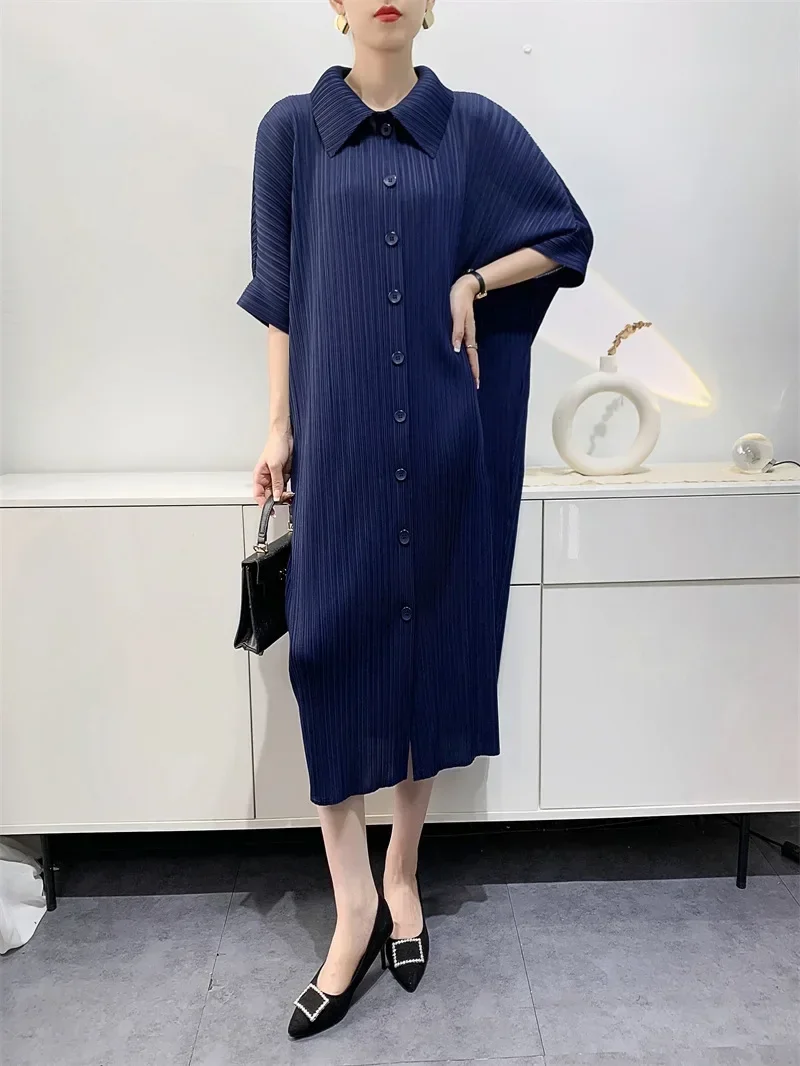 YUDX Miyake Pleated Dress Women's Loose Plus Size Single Breasted Mid Length Bat Sleeve Summer Solid Color Casual Maix Dress