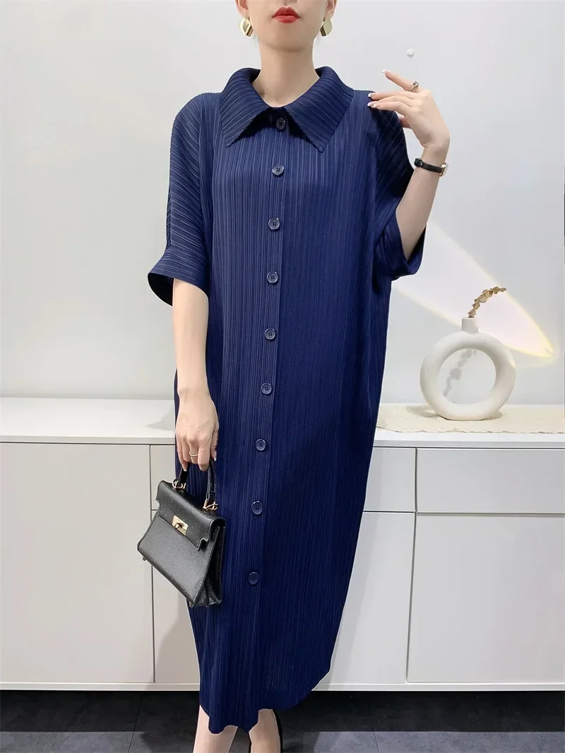 YUDX Miyake Pleated Dress Women's Loose Plus Size Single Breasted Mid Length Bat Sleeve Summer Solid Color Casual Maix Dress