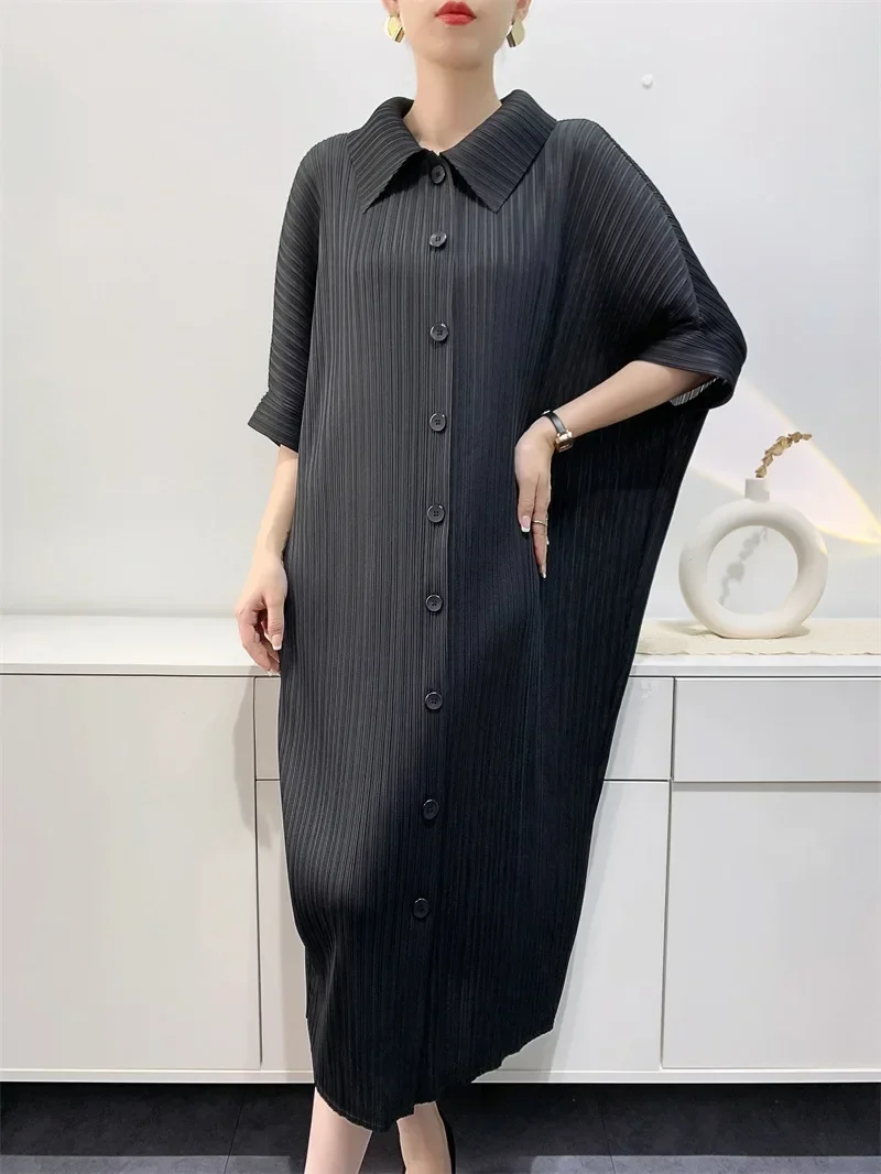 YUDX Miyake Pleated Dress Women's Loose Plus Size Single Breasted Mid Length Bat Sleeve Summer Solid Color Casual Maix Dress