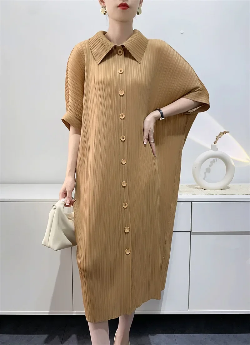 YUDX Miyake Pleated Dress Women's Loose Plus Size Single Breasted Mid Length Bat Sleeve Summer Solid Color Casual Maix Dress