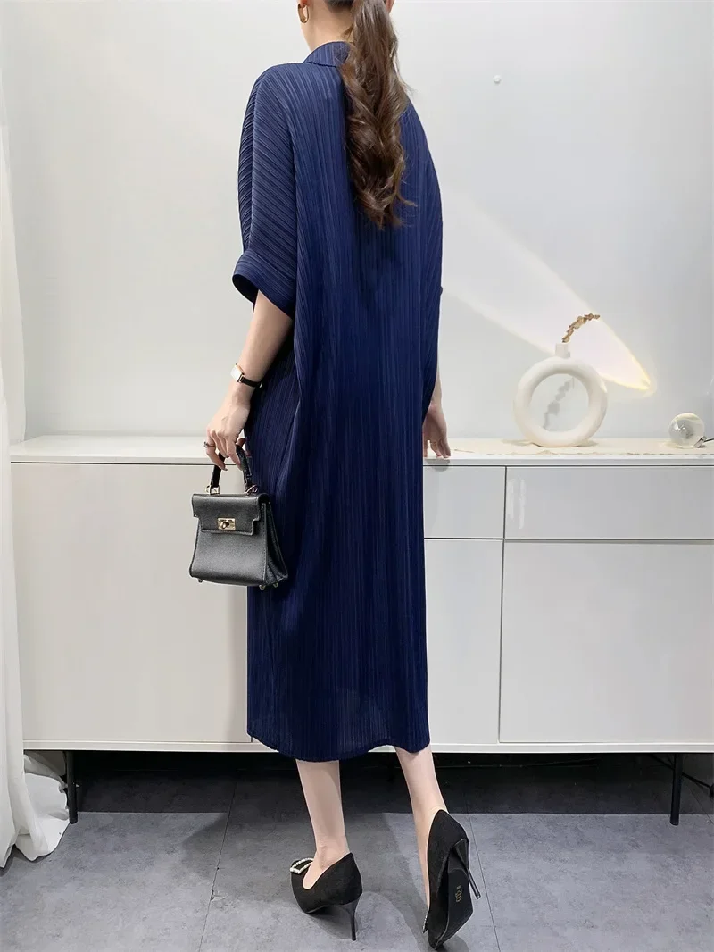 YUDX Miyake Pleated Dress Women's Loose Plus Size Single Breasted Mid Length Bat Sleeve Summer Solid Color Casual Maix Dress