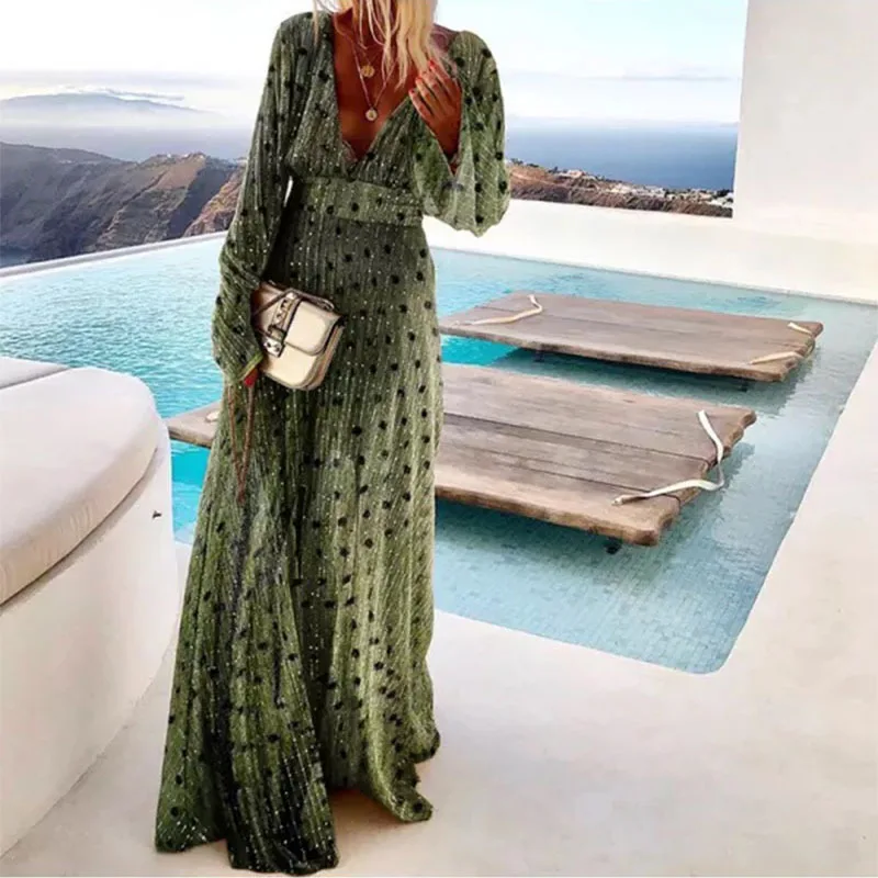Green Gradient Mottled Print Maxi Dress for Women Long Sleeve V-neck Long Dress Elegant Party Temperament Evening Gown Vestidos