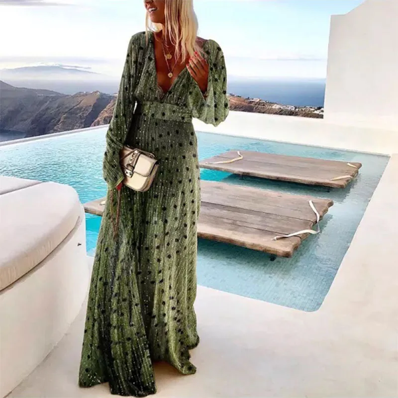Green Gradient Mottled Print Maxi Dress for Women Long Sleeve V-neck Long Dress Elegant Party Temperament Evening Gown Vestidos