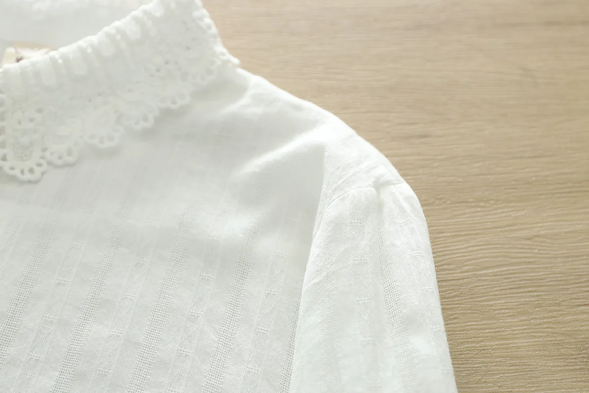 New Spring Cotton Sweet Long Sleeve Shirt Women Lapel Lace Top Girl Loose Retro White Casual Blouses 2024 Summer T44848QM