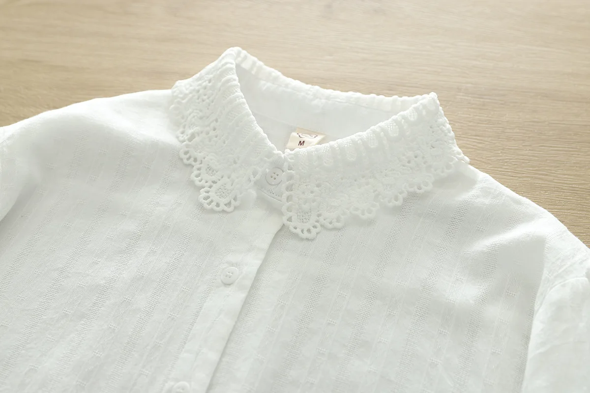 New Spring Cotton Sweet Long Sleeve Shirt Women Lapel Lace Top Girl Loose Retro White Casual Blouses 2024 Summer T44848QM