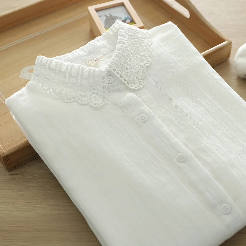 New Spring Cotton Sweet Long Sleeve Shirt Women Lapel Lace Top Girl Loose Retro White Casual Blouses 2024 Summer T44848QM