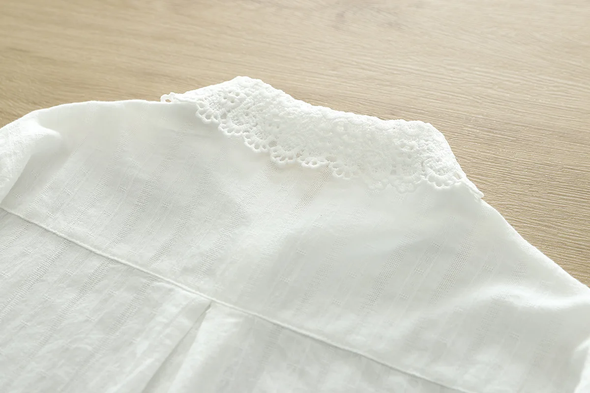 New Spring Cotton Sweet Long Sleeve Shirt Women Lapel Lace Top Girl Loose Retro White Casual Blouses 2024 Summer T44848QM