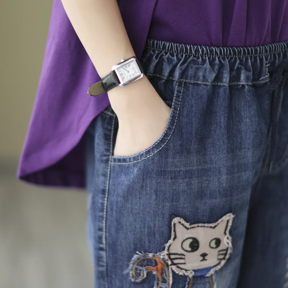 Ethnic Embroidery Denim y2k Shorts Women Summer Japan Fashion Elastic Waist Five-pointed Star Appliques Jean Shorts