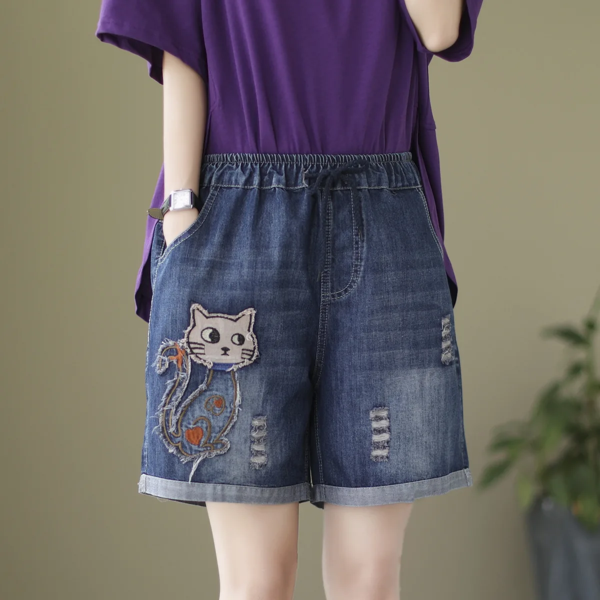 Ethnic Embroidery Denim y2k Shorts Women Summer Japan Fashion Elastic Waist Five-pointed Star Appliques Jean Shorts