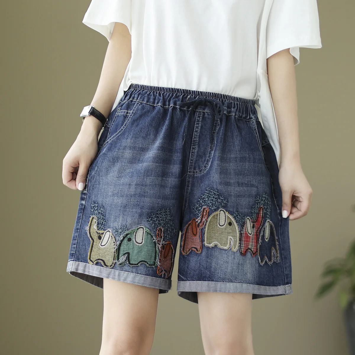 Ethnic Embroidery Denim y2k Shorts Women Summer Japan Fashion Elastic Waist Five-pointed Star Appliques Jean Shorts