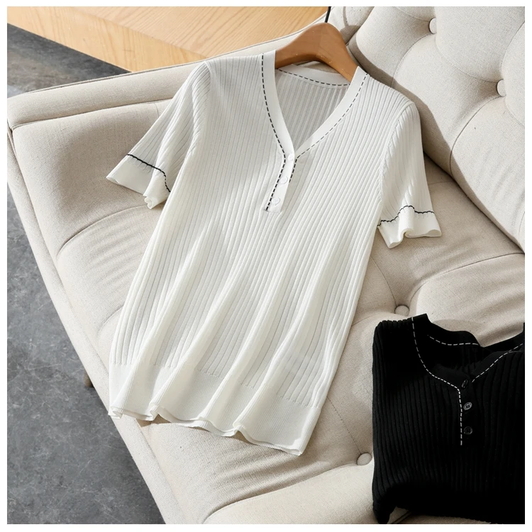 Women New 100% Cotton Short-sleeved T-shirt Sweater V-neck Contrasting Colors Pullover Tees Summer Knitted Bottoming Tops