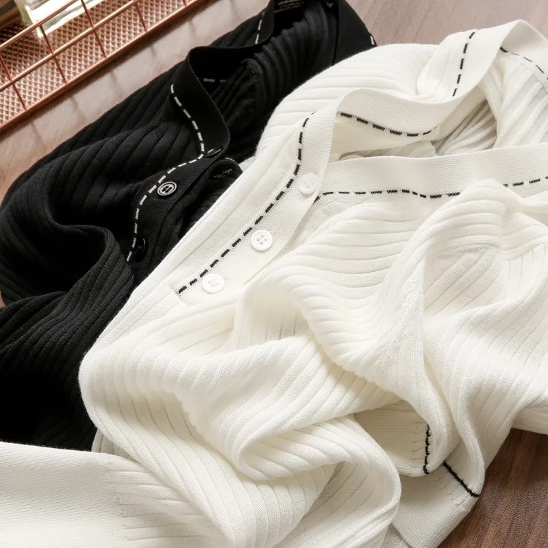 Women New 100% Cotton Short-sleeved T-shirt Sweater V-neck Contrasting Colors Pullover Tees Summer Knitted Bottoming Tops