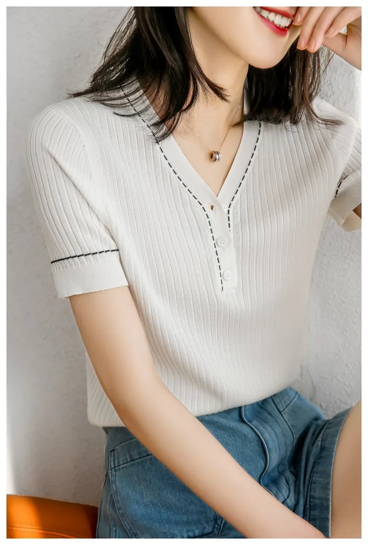 Women New 100% Cotton Short-sleeved T-shirt Sweater V-neck Contrasting Colors Pullover Tees Summer Knitted Bottoming Tops