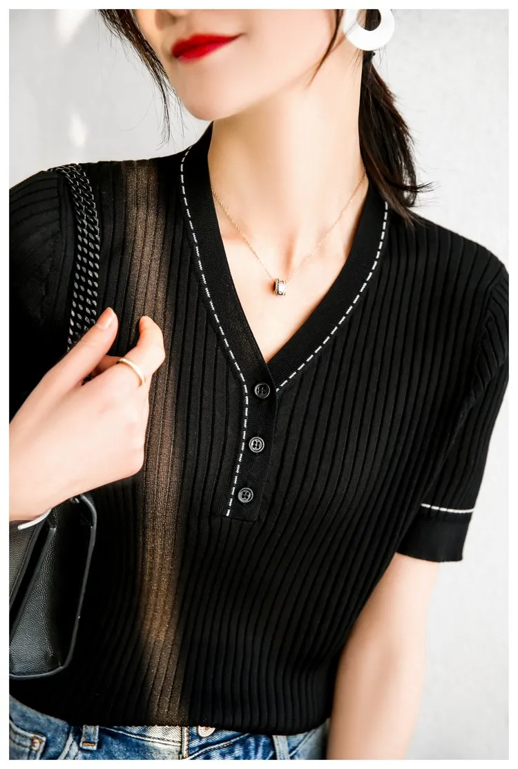 Women New 100% Cotton Short-sleeved T-shirt Sweater V-neck Contrasting Colors Pullover Tees Summer Knitted Bottoming Tops