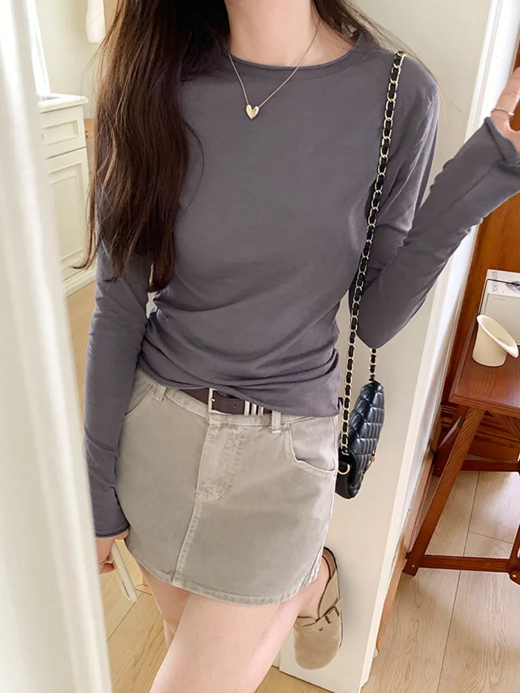 2024 Spring Autumn T shirt Women Tops Solid Slim Fit Long Sleeve O Neck Tshirts Female Casual Streetwear High Quality Base Tees