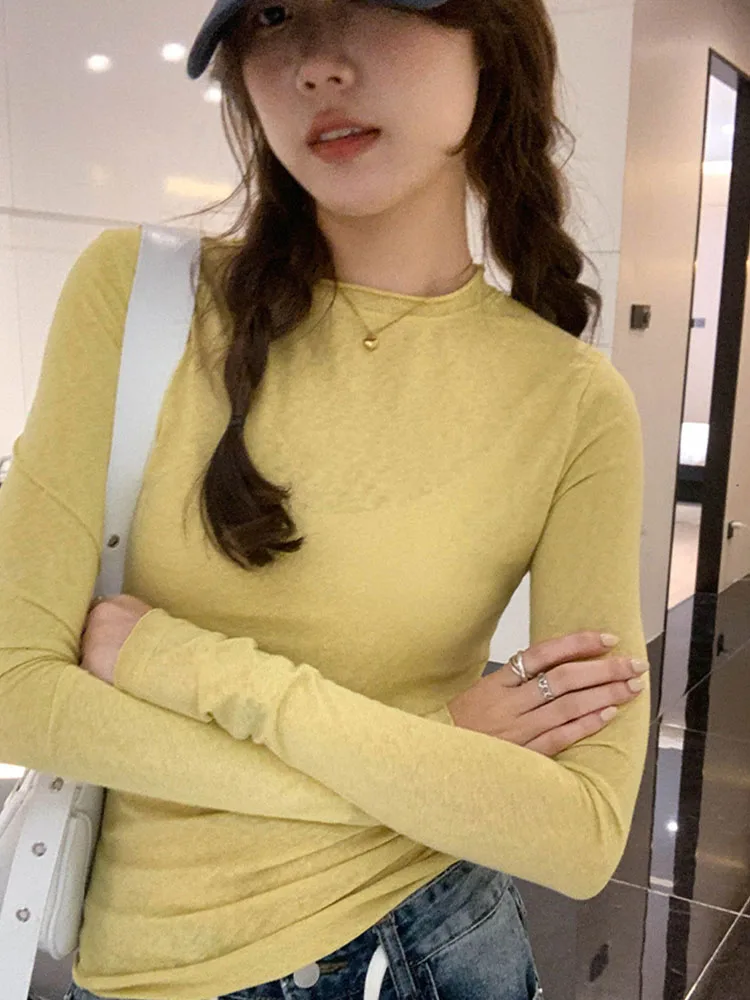 2024 Spring Autumn T shirt Women Tops Solid Slim Fit Long Sleeve O Neck Tshirts Female Casual Streetwear High Quality Base Tees
