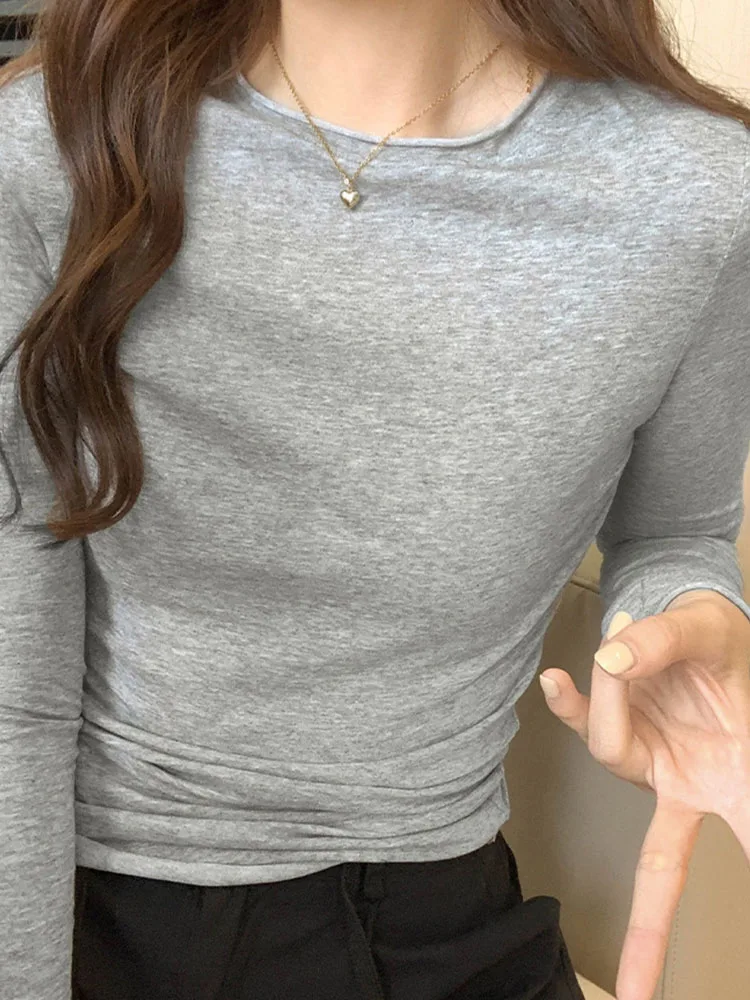 2024 Spring Autumn T shirt Women Tops Solid Slim Fit Long Sleeve O Neck Tshirts Female Casual Streetwear High Quality Base Tees