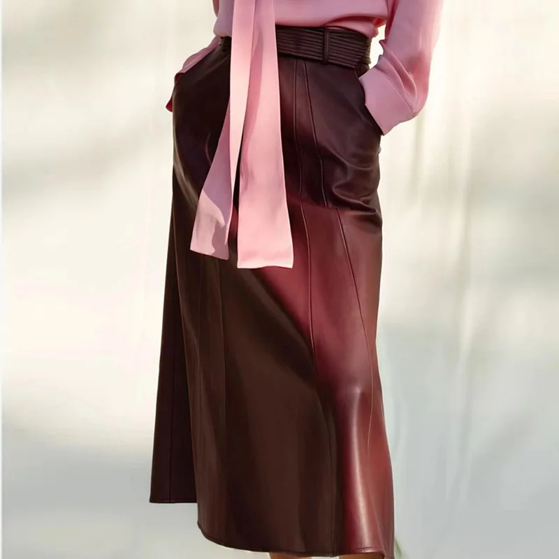 Autumn Winter Long Leather Skirt Women's 100% Real Leather Skirts Chic Elegant Ladies High Waist Slim Sheepskin Umbrella Skirt