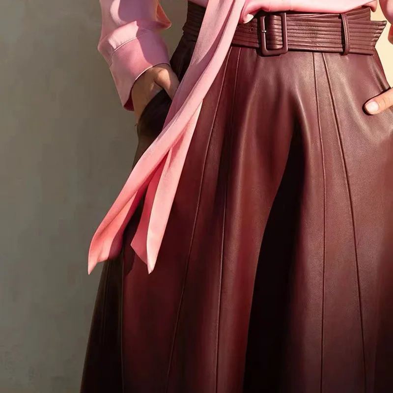 Autumn Winter Long Leather Skirt Women's 100% Real Leather Skirts Chic Elegant Ladies High Waist Slim Sheepskin Umbrella Skirt