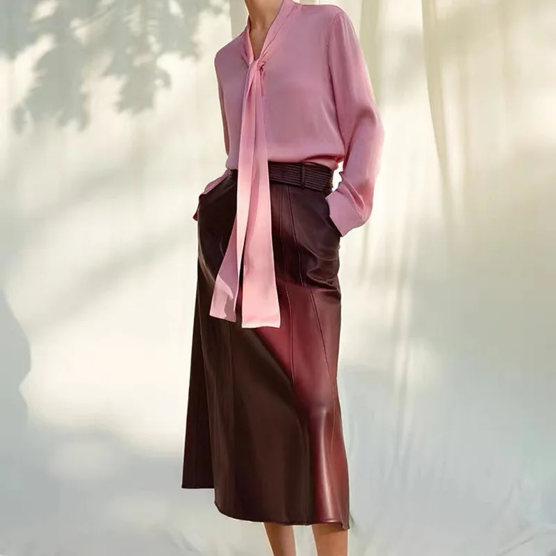 Autumn Winter Long Leather Skirt Women's 100% Real Leather Skirts Chic Elegant Ladies High Waist Slim Sheepskin Umbrella Skirt