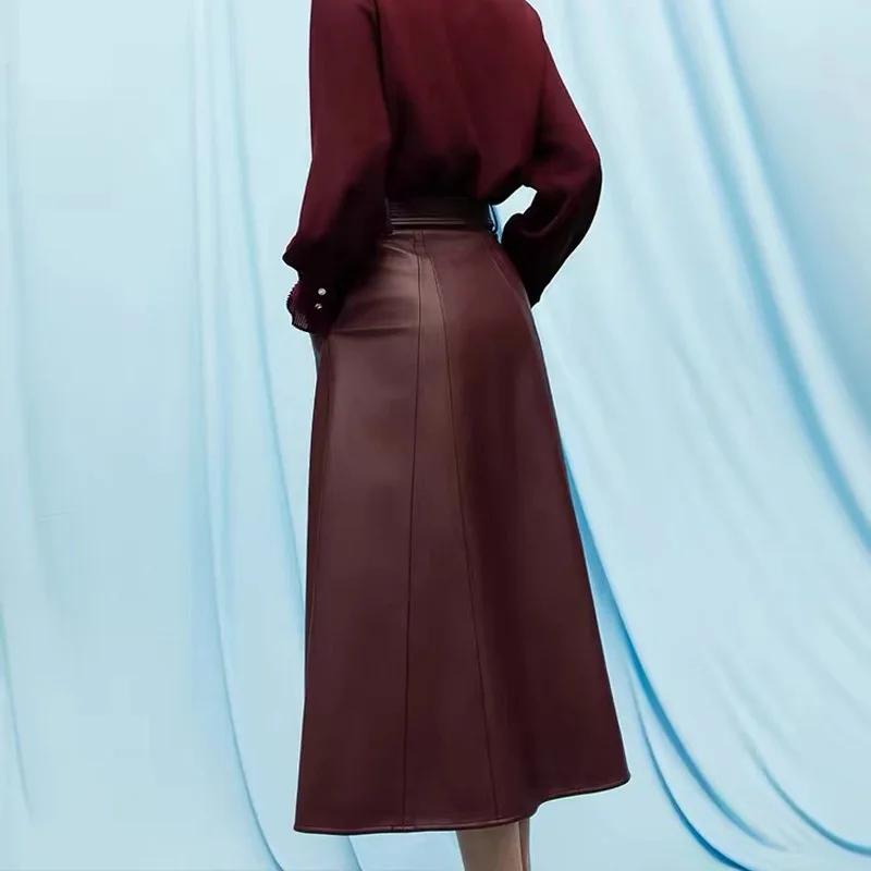 Autumn Winter Long Leather Skirt Women's 100% Real Leather Skirts Chic Elegant Ladies High Waist Slim Sheepskin Umbrella Skirt