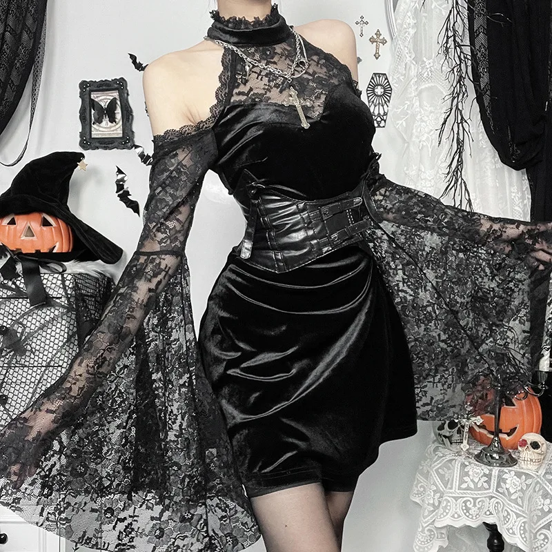 2024 New Retro Gothic Women Punk Elegant Evening Party Dresses Vintage Sexy Slightly See-through Slim Fit Lace Splicing Dress