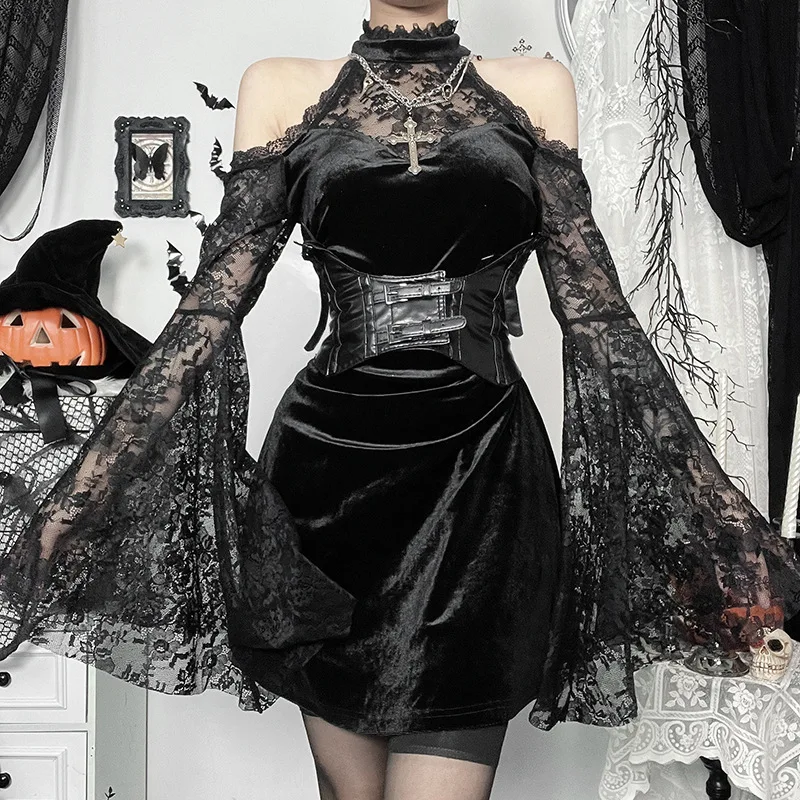 2024 New Retro Gothic Women Punk Elegant Evening Party Dresses Vintage Sexy Slightly See-through Slim Fit Lace Splicing Dress