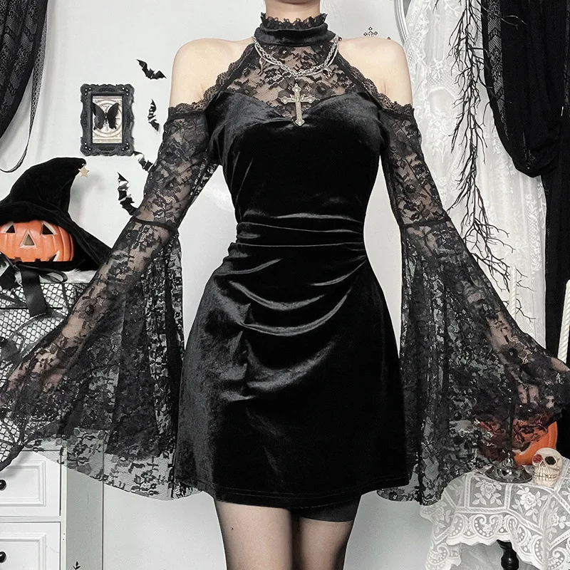 2024 New Retro Gothic Women Punk Elegant Evening Party Dresses Vintage Sexy Slightly See-through Slim Fit Lace Splicing Dress