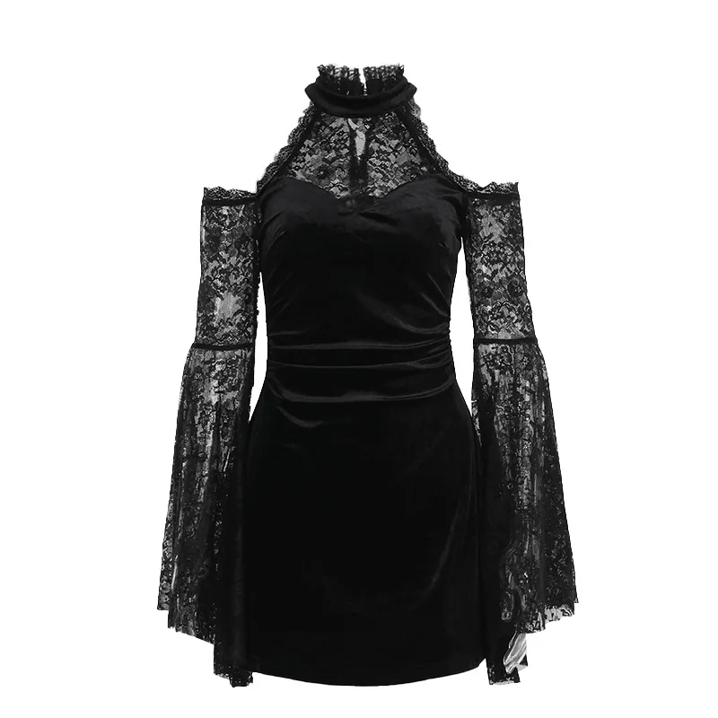 2024 New Retro Gothic Women Punk Elegant Evening Party Dresses Vintage Sexy Slightly See-through Slim Fit Lace Splicing Dress