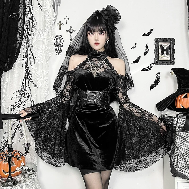 2024 New Retro Gothic Women Punk Elegant Evening Party Dresses Vintage Sexy Slightly See-through Slim Fit Lace Splicing Dress