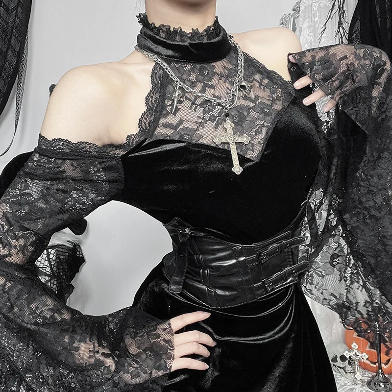 2024 New Retro Gothic Women Punk Elegant Evening Party Dresses Vintage Sexy Slightly See-through Slim Fit Lace Splicing Dress