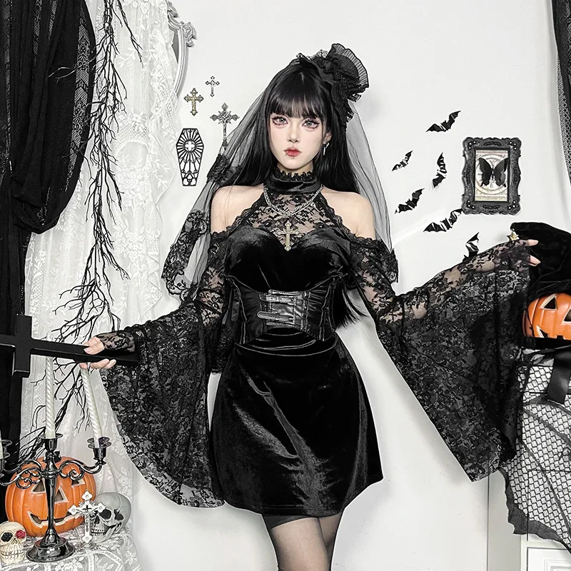 2024 New Retro Gothic Women Punk Elegant Evening Party Dresses Vintage Sexy Slightly See-through Slim Fit Lace Splicing Dress