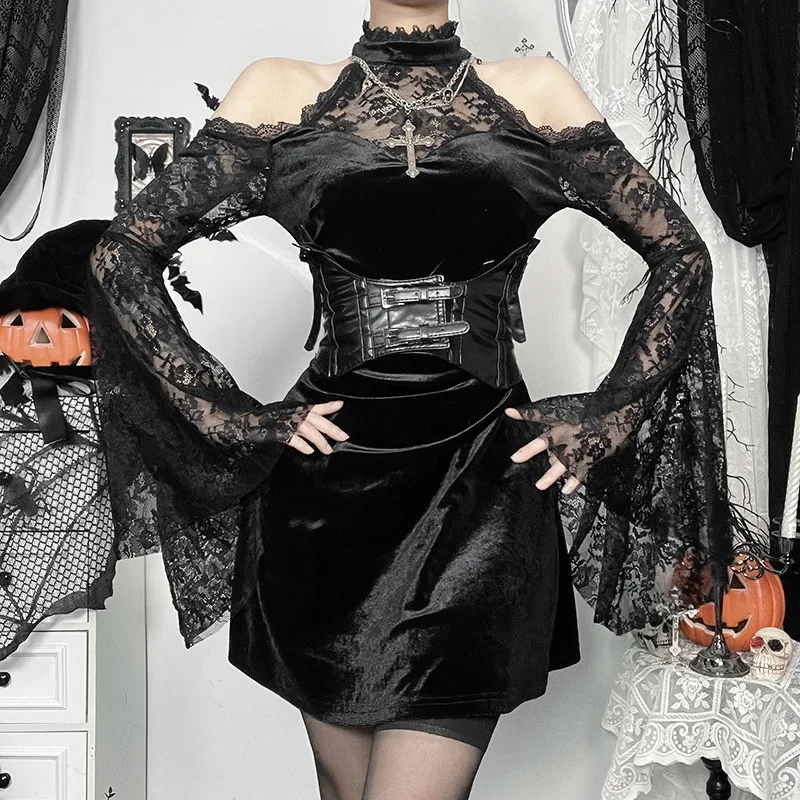 2024 New Retro Gothic Women Punk Elegant Evening Party Dresses Vintage Sexy Slightly See-through Slim Fit Lace Splicing Dress