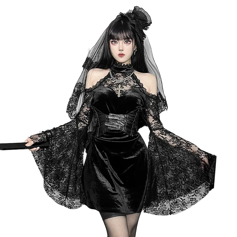 2024 New Retro Gothic Women Punk Elegant Evening Party Dresses Vintage Sexy Slightly See-through Slim Fit Lace Splicing Dress