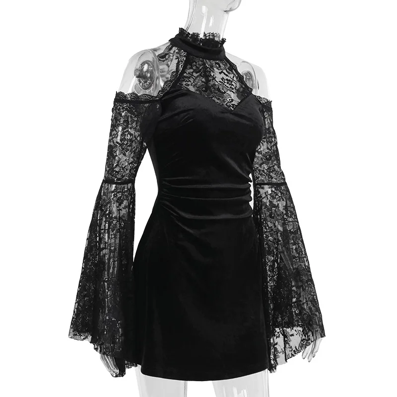 2024 New Retro Gothic Women Punk Elegant Evening Party Dresses Vintage Sexy Slightly See-through Slim Fit Lace Splicing Dress