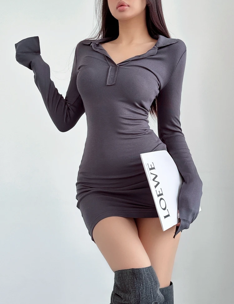 Pure Desire Shirt Style Slim V Collar Dress Elegant Flare Sleeves Wrap Hip Short Dress For Women Fashion Women Tops P7DR