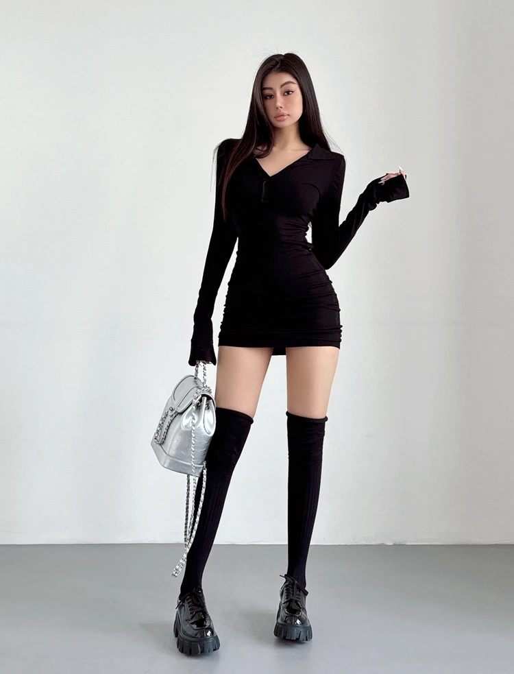 Pure Desire Shirt Style Slim V Collar Dress Elegant Flare Sleeves Wrap Hip Short Dress For Women Fashion Women Tops P7DR