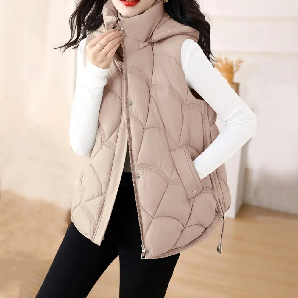 Fall Winter Vest Coat Stylish Women's Cotton Vest with Stand Collar Hooded Sleeveless Design Loose Fit Solid Color for Women