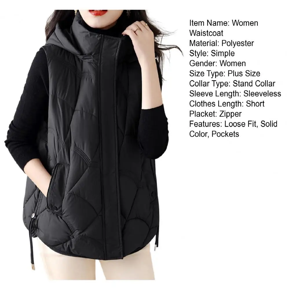 Fall Winter Vest Coat Stylish Women's Cotton Vest with Stand Collar Hooded Sleeveless Design Loose Fit Solid Color for Women