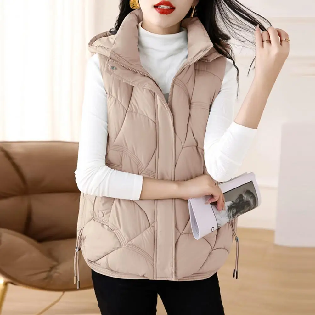 Fall Winter Vest Coat Stylish Women's Cotton Vest with Stand Collar Hooded Sleeveless Design Loose Fit Solid Color for Women