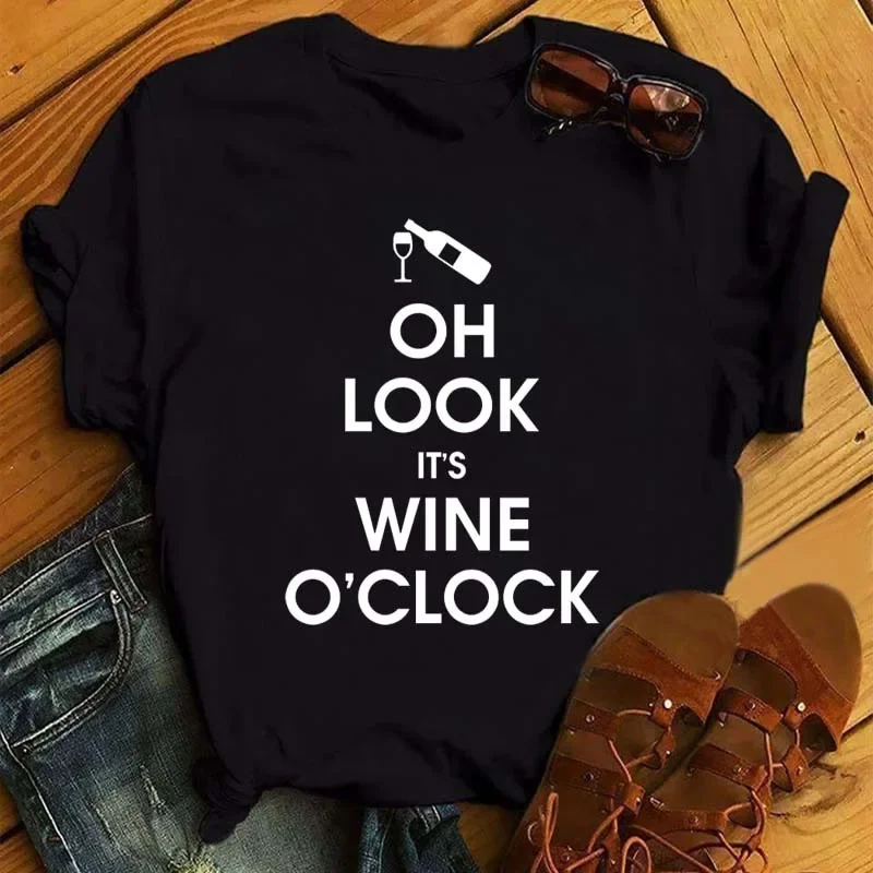 100% COTTON Women's Top Women's High Heels Wine Glass White Print Large Size Summer T-shirt Graphic T Shirts Oversized Tshirt